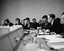 9 June 1947 First meeting of  the Drafting Committee on an International Bill of Rights (Commission on Human Rights), United Nations,  Lake Success, New York (from left to right): Mr. P.C. Chang (China); Mr. Henri Laugier; Mrs. Eleanor Roosevelt (USA); Mr. John P. Humphrey (Canada); Mr. Charles Malik (Lebanon); Mr. Vladimir M. Koretsky (USSR).